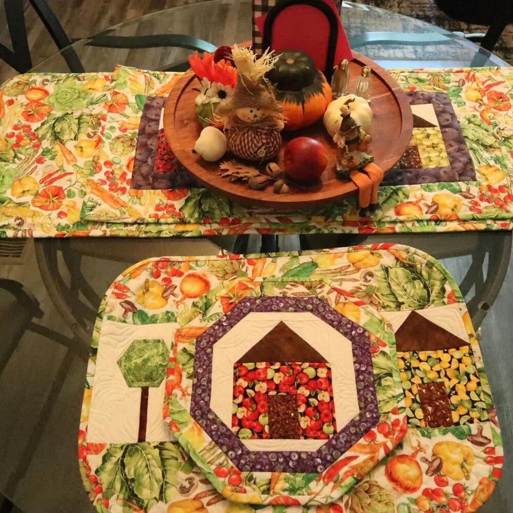 Reversible Table Runners, Place Mats set of 7 pieces Handmade Garden Americana